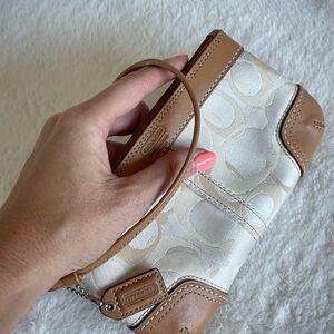 Coach Signature Tan and Cream Wristlet